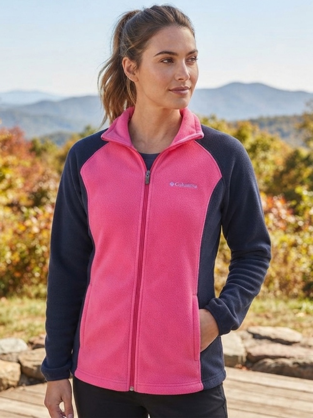 Columbia Women’s Pink Blue Fleece Jacket XL Full Zip Outdoor Cozy